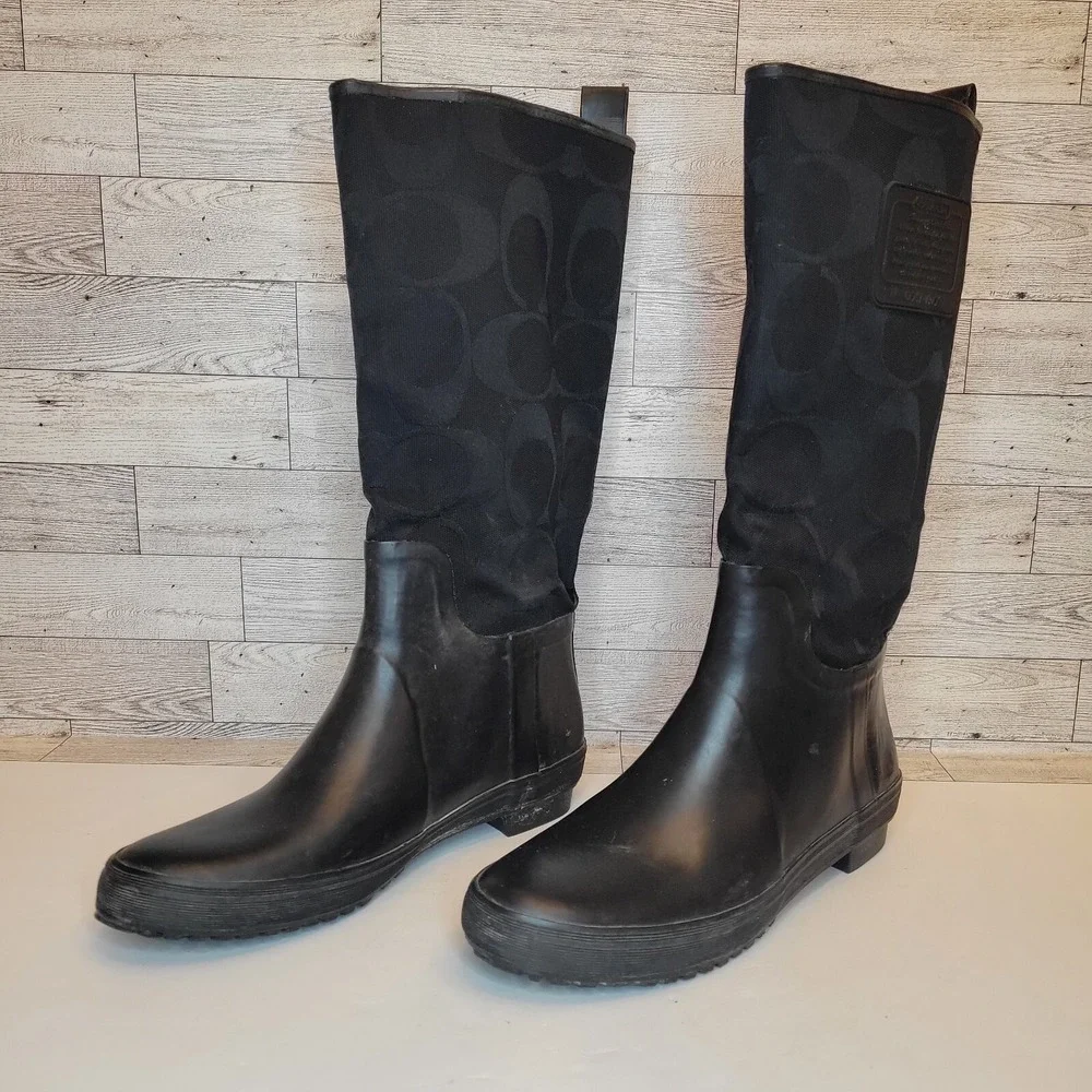 Coach Black Tall Rain Boots with Signature Logo